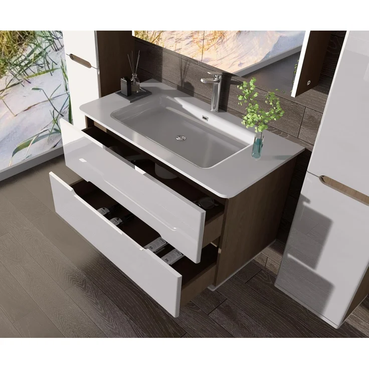 Homeline Badezimmermöbel Set Badmöbel Hochglanz Eiche/Weiß inkl LED Spiegelschrank Waschbecken 90cm (90, 3, Ohne Hochschrank) – Bild 4