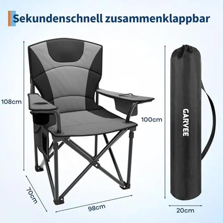GarveeHome Campingstuhl faltbar bis 200 KG belastbar, Ultragroßer Angelstuhl 64 cm mit hoher Rückenlehne & Polsterung, Camping Stuhl Sessel inkl. Tragetasche für Garten Balkon Strand Schwarz/Grau – Bild 3