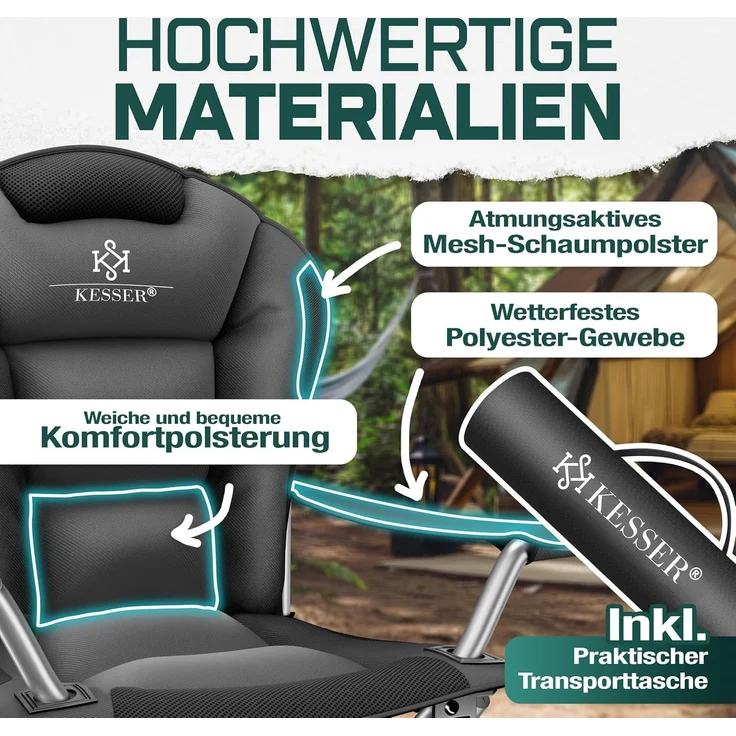 KESSER® Campingstuhl faltbar bis 150 kg Angelstuhl Faltstuhl Klappstuhl Gepolstert mit Armlehnen, Getränkehalter + Tasche mit hoher Rückenlehne, Strandstuhl, Klapphocker Anthrazit / Schwarz – Bild 3
