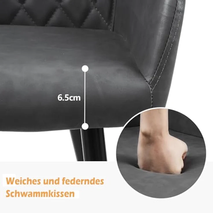 TUKAILAI Esszimmerstühle Kunstleder, Küchenstuhl Polsterstuhl Wohnzimmerstuhl Sessel mit Armlehnen Rückenlehne Metallbeinen, Modern Stühle für Küche Esszimmer Wohnzimmer Schlafzimmer, Darkgrau – Bild 2