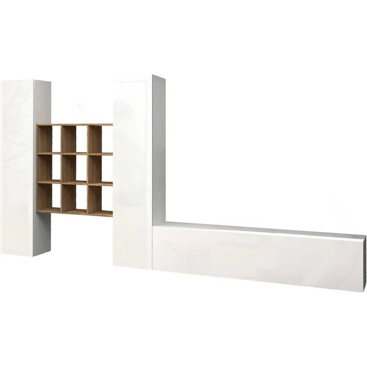 Dmora Ausgestattete Wand Genoveffa, 3-türiges TV-Ständer-Wohnzimmerset, Mehrzweck-Wohnzimmermöbel, 100 % Made in Italy, 270 x 30 x 180 cm, glänzendes Weiß und Ahorn,
