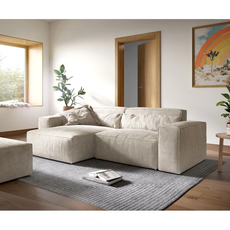 Delife 'Sirpio XL' Ecksofa mit variabler Recamiere, 270x170 cm, Beige, Cord, mit Hocker – Bild 1