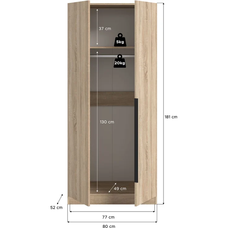 Kleiderschrank 2-türig (B/H/T: 80x180x52 cm) in Sonoma Eiche Nachbildung – Bild 5