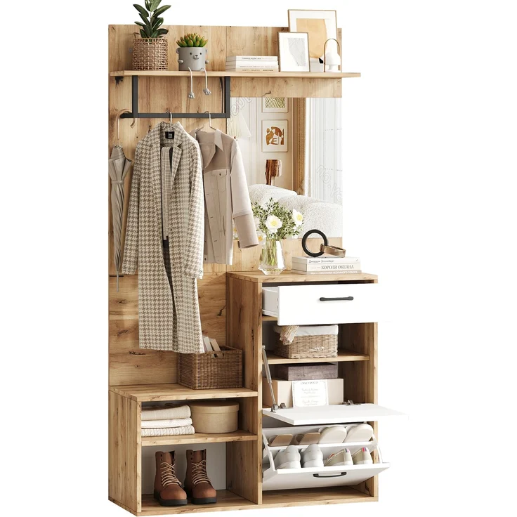 Faumrta 100*38.5*190cm Garderoben-Set mit Spiegel, Schuhbank, Schuhschrank, Flurschrank, Hängeschrankregal, Kompaktgarderobe, Mit 1 Schublade und 2 Schränken, viel Stauraum, Weiß + Original Holzfarbe100CM*38.5CM*190CMNaturalSpanplatte – Bild 6