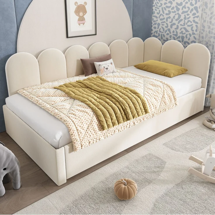 Daybett 90x200 cm mit Ausziehbett 90x190 cm – gepolstertes Schlafsofa aus Samt in Beige – Bild 5