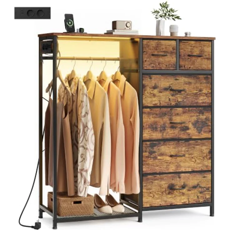 SONGMICS Kommode mit 6 Stoff Schubladen und Kleiderstange, mit LED-Beleuchtung und Steckdosen, Kleiderstange und Schuhablage, 102,7 x 35 x 117,6 cm, für Schlafzimmer, Rustikales Braun LGS523K102 – Bild 1
