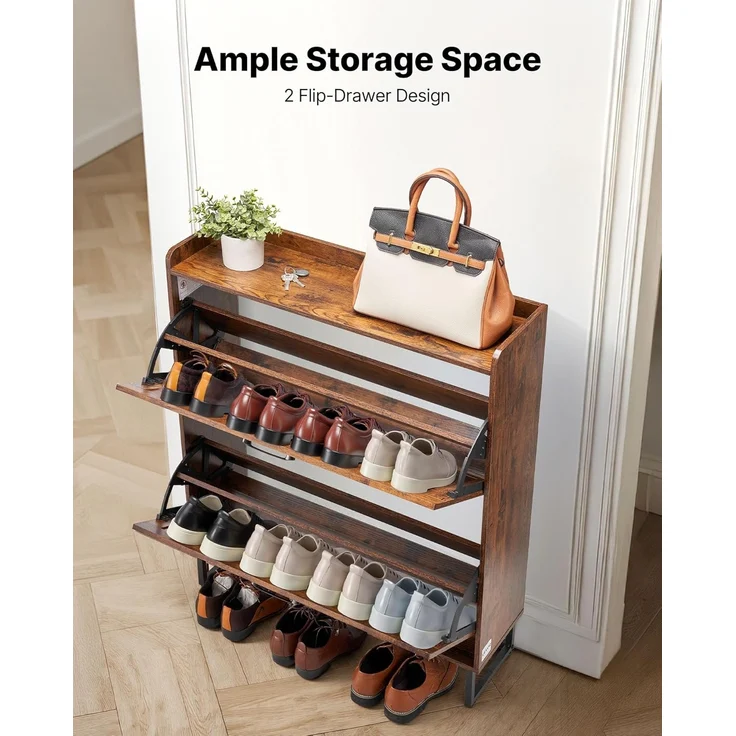 VEVOR Schuhschrank mit 2 Klappen & Kippschutz, platzsparender Schuhkipper, freistehender Schuhregal-Organizer für den Eingang Flur Wohnzimmer Veranda, Vintage Schuhregal 800 x 240 x 973 mm Braun – Bild 5