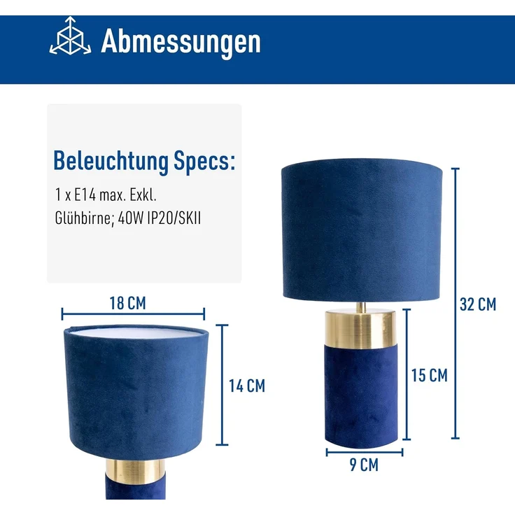 näve Tischleuchte Bordo, ohne Leuchtmittel, 1xE14, Textilschirm blau, Fuß blau gold, Höhe 32cm, Zuleitung 150cm – Bild 6