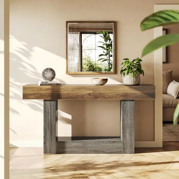LITTLE TREE Konsolentisch, 160 cm lang, 2-stöckig, Bauernhaus-Sofatisch hinter der Couch, großer schmaler Eingangstisch für Wohnzimmer, Flur, Foyertisch aus Holz mit robuster Basis, rustikales Braun – Bild 5