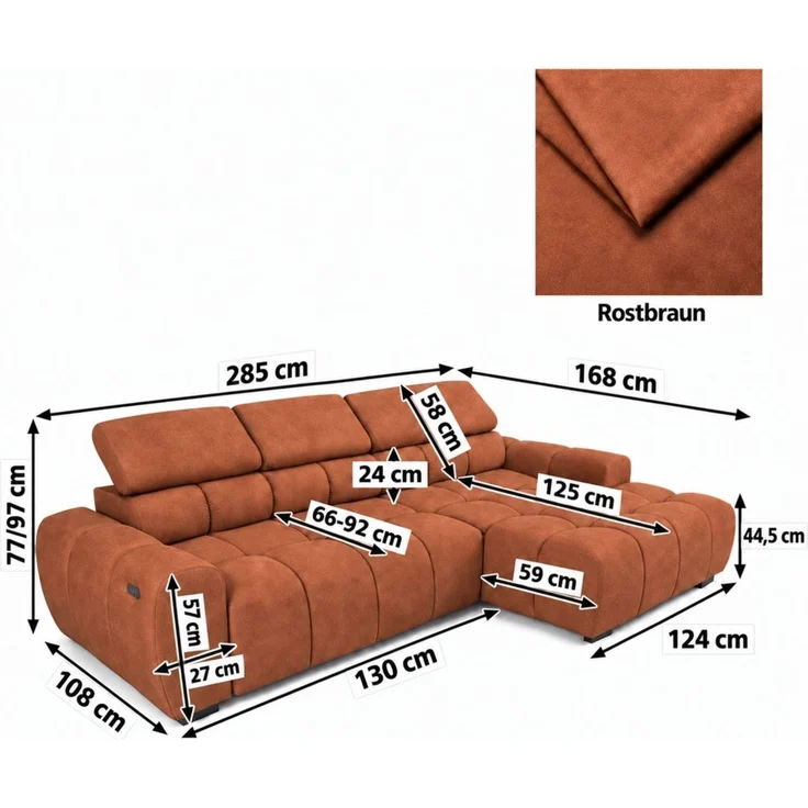Ecksofa Schlafsofa VELUNIO RELAX in Stoff Salvador Rostbraun Ottomane Links – Bild 6