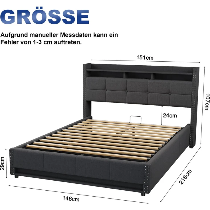 Polsterbett 140x200 cm mit LED-Beleuchtung, USB-Anschlüssen und hydraulischem Stauraum – ohne Matratze – Bild 4