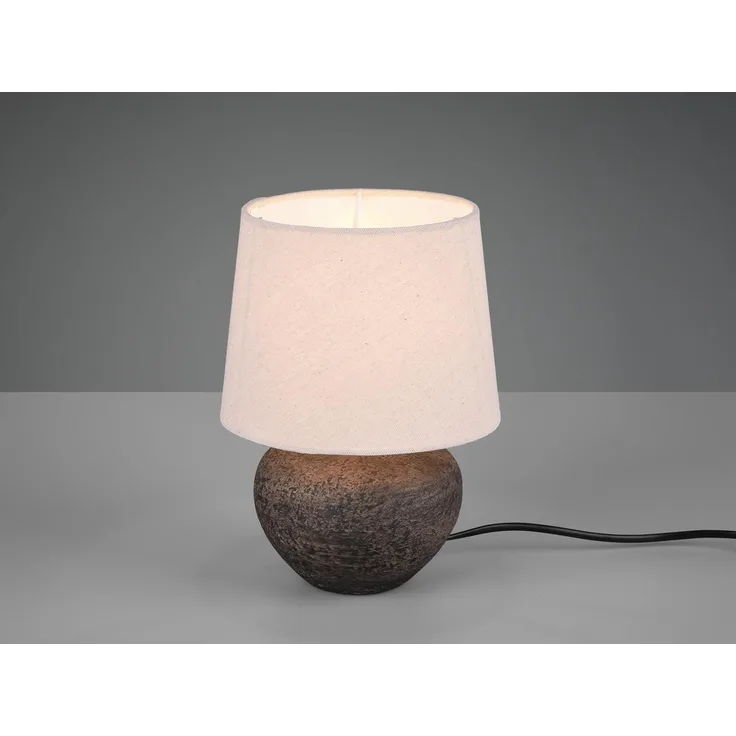 Rustikale Keramik Tischleuchte LOU Braun Stoffschirm in Beige, Höhe 25cm
