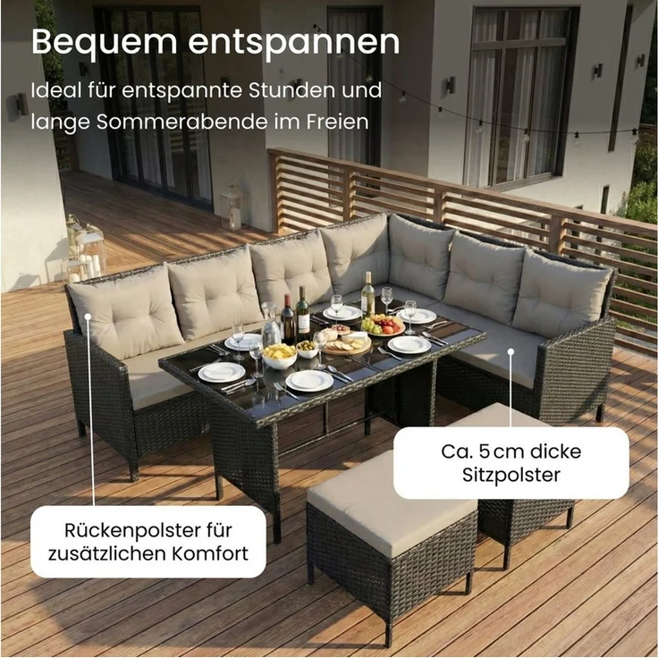 Home Collective Gartenlounge-Set 7-Sitzer mit Ecksofa Outdoor Möbel Gartenmöbel Polyrattan Outdoormöbel, (220x170x79 cm (BxTxH), gemütliche Polster in schwarz oder grau), inkl. Esstisch mit gehärteter Glasplatte und zwei Hocker, schwarz – Bild 3