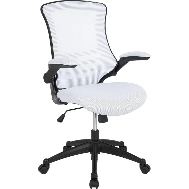 Flash Furniture Bürostuhl mit mittelhoher Rückenlehne – Ergonomischer Schreibtischstuhl mit hochklappbaren Armlehnen und Netzstoff – Perfekt für Home Office oder Büro – Weiß