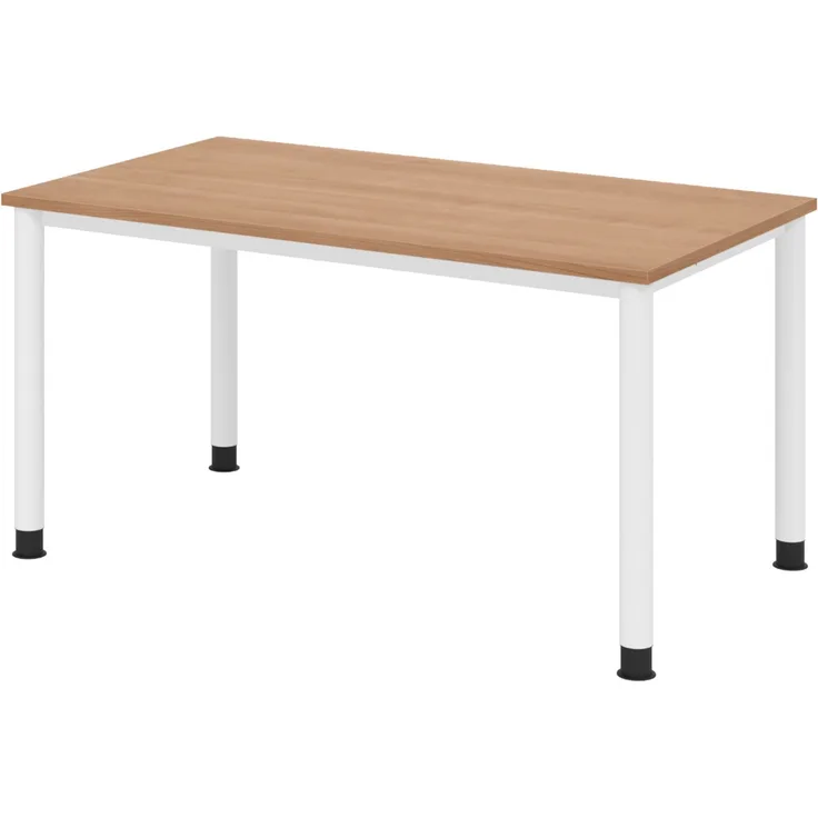 bümö höhenverstellbarer Schreibtisch H-Serie 140x80 cm in Nussbaum, Gestell in Weiß - PC Tisch für's Büro manuell höhenverstellbar, Computertisch verstellbar, HS-14-N-W