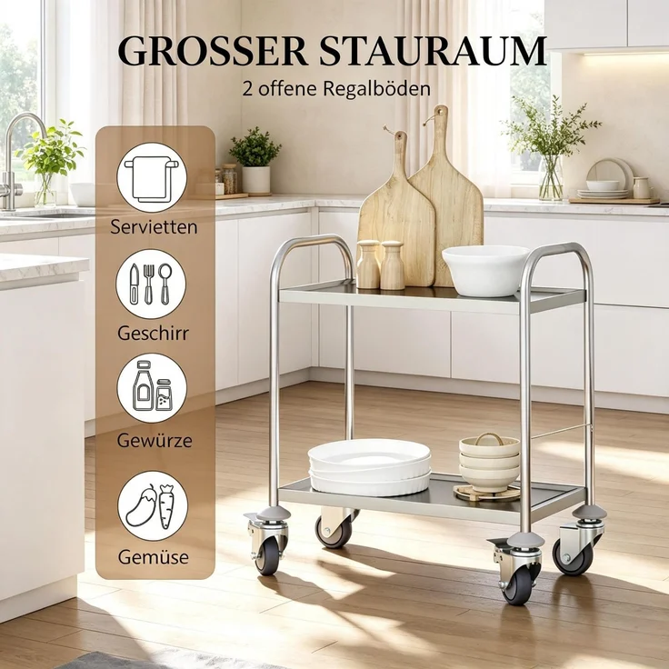 Küchenwagen 80 x 45 x 82 cm aus verchromtem Edelstahl mit 2 Ablagen und Rollen – Bild 5