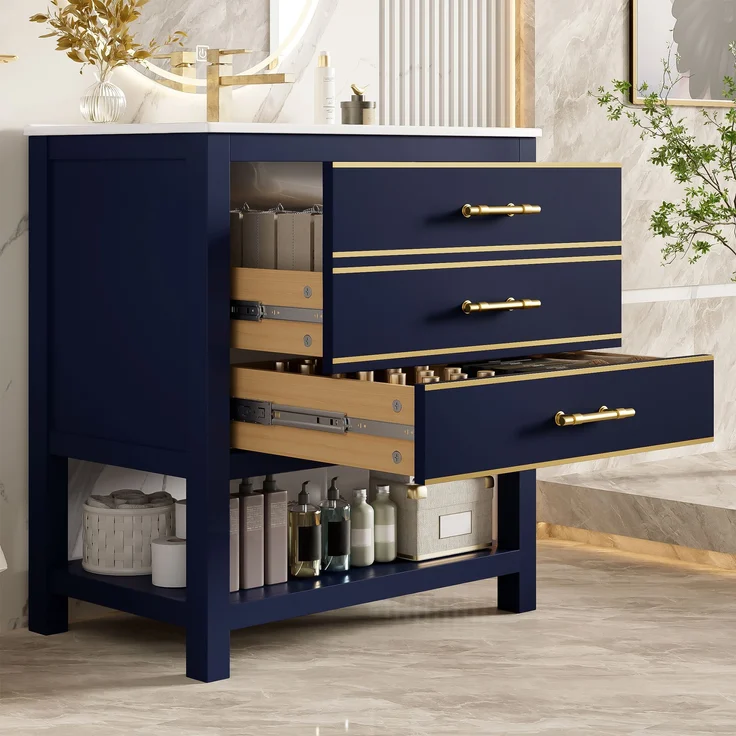Waschtisch-Unterschrank 76 cm Schwarzblau mit Keramikbecken 2 Schubladen gold handhaben – Bild 6