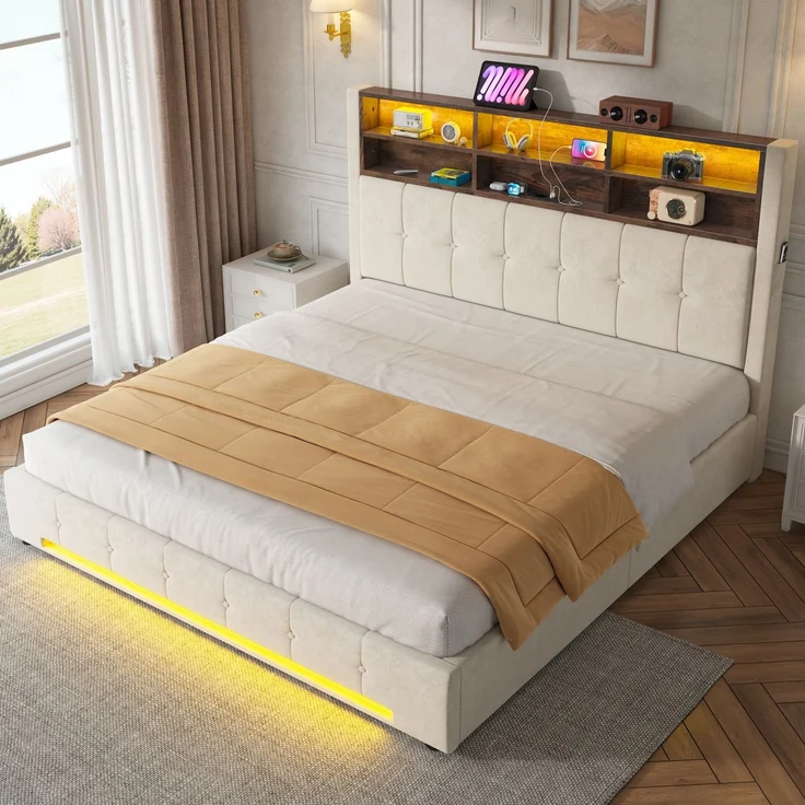 TavilaEcon Polsterbett mit Bettkasten und USB-C-Anschluss beige Liegefläche 180 × 200 cm – Bild 5