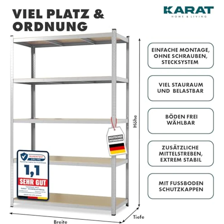 KARAT Schwerlastregal, 180 x 90 x 60 cm Steckregal, Kellerregal, Lagerregal, Metallregal - aus Stahl Metall - 5 verstellbare Böden (Verzinkt) – Bild 2