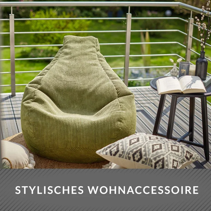 Green Bean® Sitzsack mit Rückenlehne 80x80x90cm - Gaming Chair mit 230L Füllung Cordstoff - Bean Bag Bodenkissen Lounge Sitzhocker Relax-Sessel Gamer Gamingstuhl Grün – Bild 8