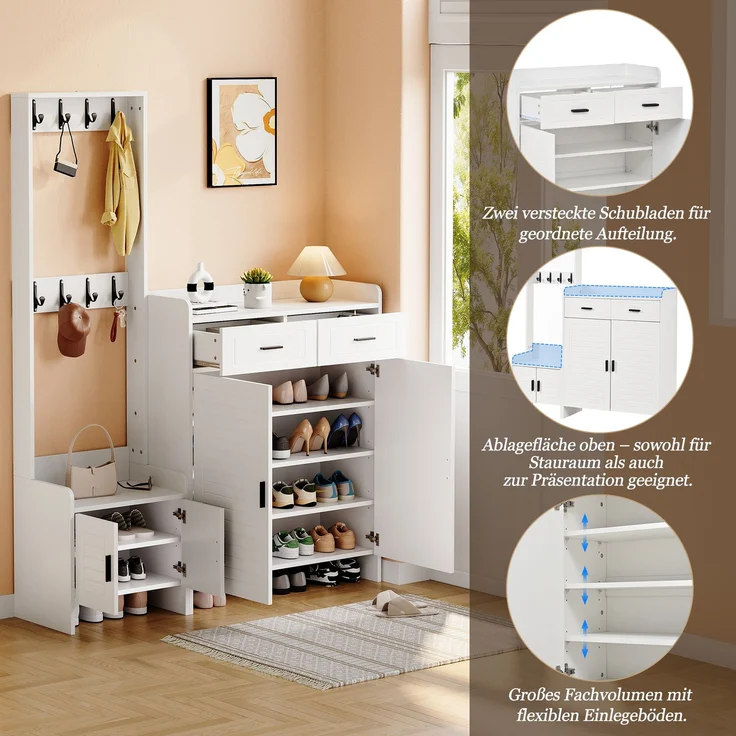 Faumrta Garderoben- und Schuhschrank-Set für den Eingangsbereich mit 2 Schubladen, 2 Schranktüren, 6 Ablagen und 8 Haken. Ideal für Flur und Eingangsbereich. Farbe: Weiß,125*36*165CM125CM*32CM*165CMWeißMDF (Medium-Density-Faserplatte) – Bild 7