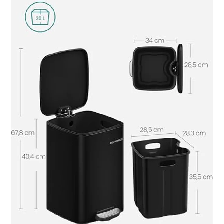 Songmics Mülleimer Küche, 20 Liter Abfalleimer, Tretmülleimer, Stahl, mit Inneneimer, Softclose, Offenhaltefunktion, tintenschwarz LTBDE592B02 – Bild 7