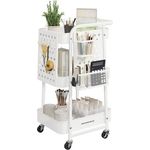 SONGMICS Rollwagen, Küchenwagen, 3 Metallgitterablagen, Servierwagen, 2 abnehmbare Lochplatten, 2 Hängekörbe, 4 Haken, für Büro, Küche, Wohnzimmer, Badezimmer