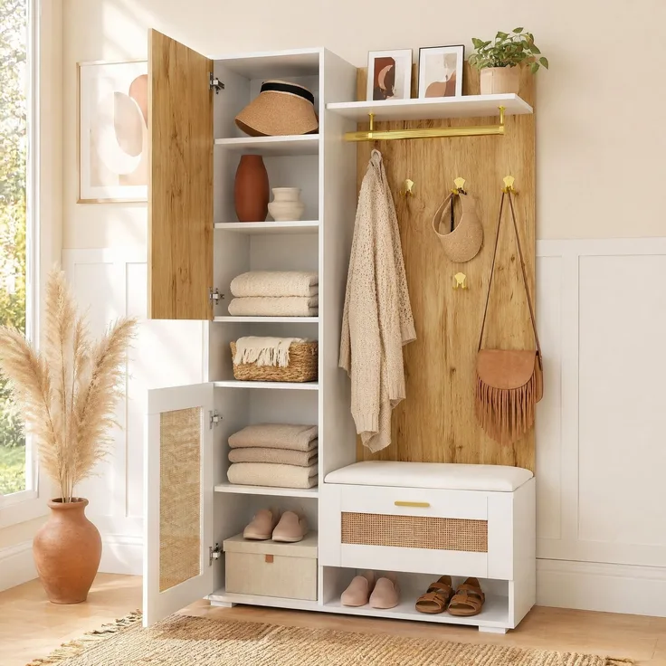 Garderoben-Set mit Spiegel, LED-Beleuchtung und Sitzbank, 110x38x190 cm, Weiß/Holz