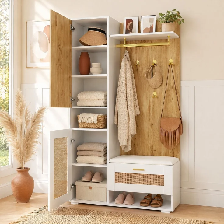 Garderoben-Set mit Spiegel, LED-Beleuchtung und Sitzbank, 110x38x190 cm, Weiß/Holz – Bild 1