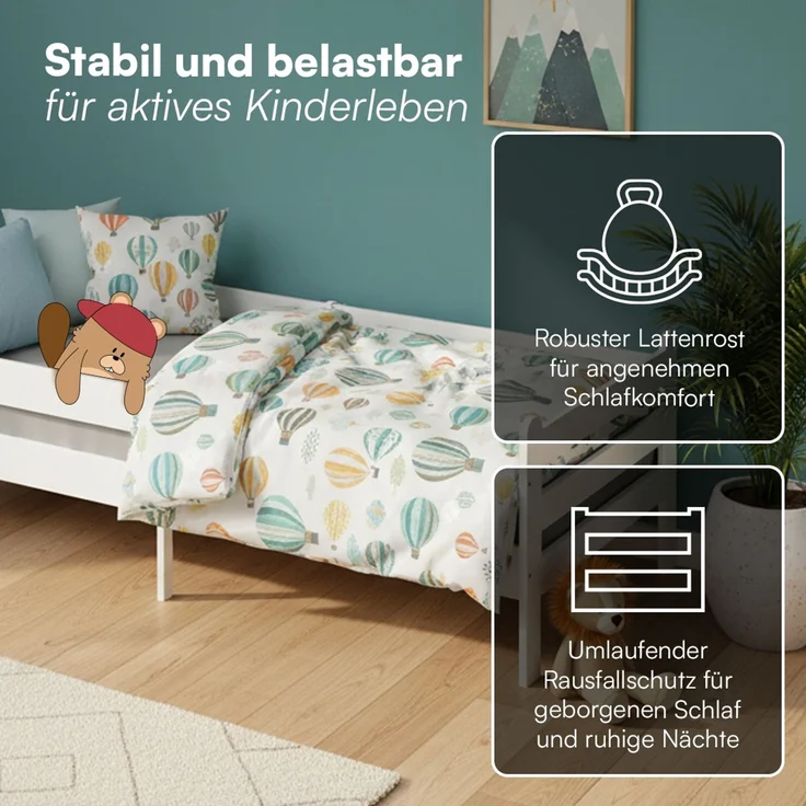 Bellabino 'Kuru' Kinderbett 90x200 cm mit Matratze, weiß, Jugendbett mit Rausfallschutz und Lattenrost – Bild 3