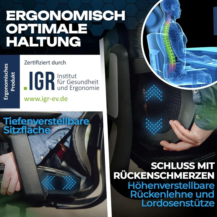 VALKENSTOL M5 MESH-SITZ Bürostuhl ergonomisch mit Mesh Sitz - 5 Jahre Garantie - 3D-Armlehnen - adaptive Lordosenstütze - verstellbare Sitztiefe – Bild 4