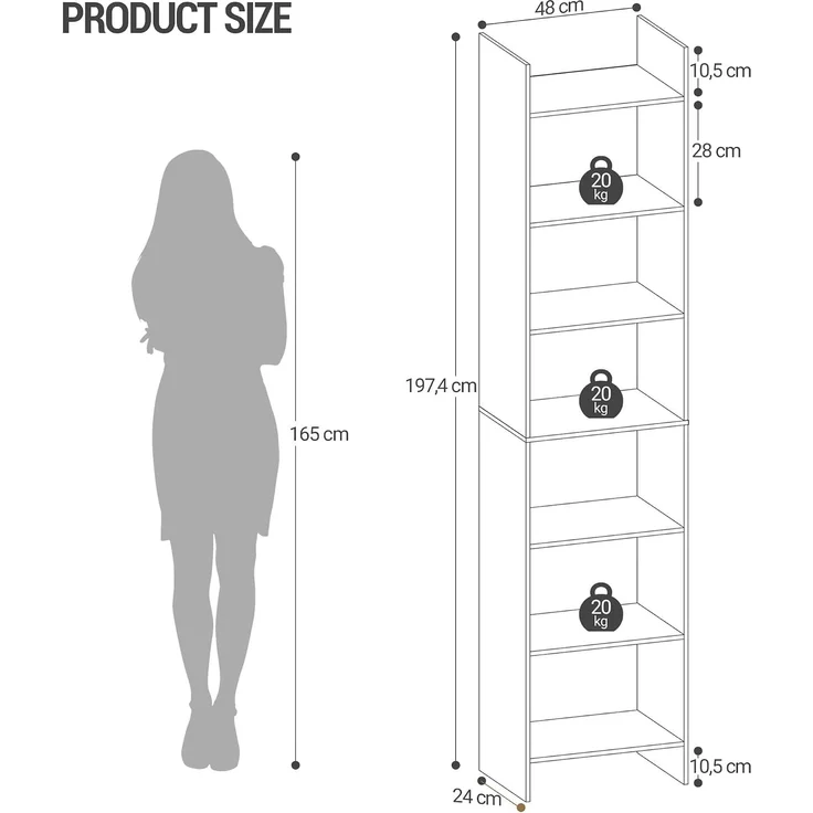 Bücherregal, Regal, Standregal, Büroregal, mit 7 Fächern, offen, für Wohnzimmer, Arbeitszimmer, Büro, als Raumteiler, 24 x 48 x 197,4 cm, Eichenbeige – Bild 8