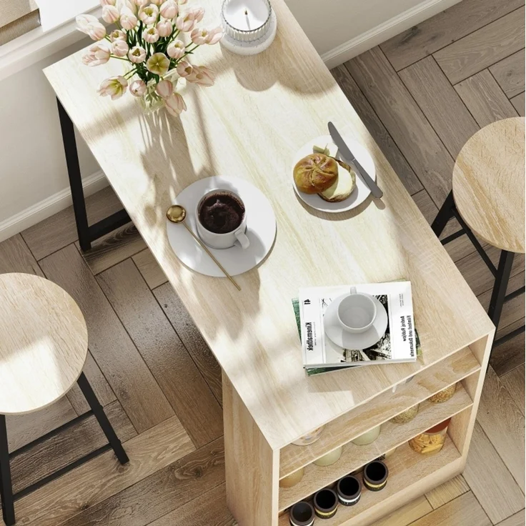 Bartisch-Set H 91 x T 49 x B 91 cm mit Stauraum, Stahl und Spanplatte in Eichenoptik, mit 2 Hockern – Bild 2