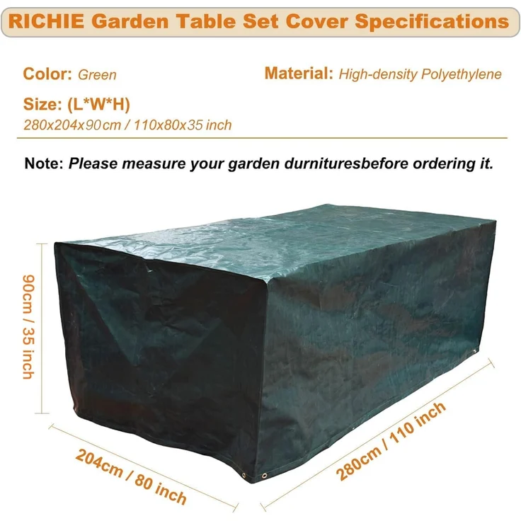 RICHIE Abdeckung für Gartenmöbel wasserdichte Schutzhülle Anti-UV Abdeckplane Atmungsaktiv Polyethylen für Gartentische Terrassenmöbel Rechteckig (Grün 280 x 204 x 106 cm) – Bild 2
