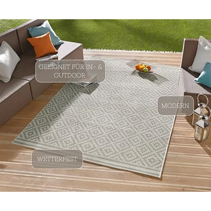 NORTHRUGS In- und Outdoor Teppich Raute 240x340 cm - Wetterfest Modern Geometrisches Raute Muster Design Teppich für Balkon Terrasse Garten Wintergarten Wohnzimmerteppich Wasserfest in Grau Creme – Bild 4