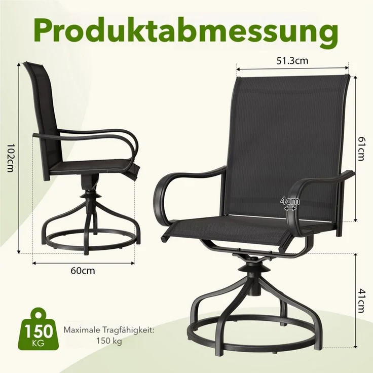 TLGREEN Gartenstuhl 360° drehbar, 2er Set Vollstahl-Teslin-Drehstuhl, (Wetterfeste Rostbeständig,bis 150 kg belastbar, 2 St), Für Terrasse Garten Balkon Bistrot – Bild 2