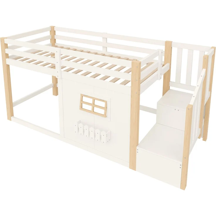 Merax Kinderbett, Hochbett, 90 x 200 cm, Kiefernholz, Fenster, Aufbewahrungsleiter, LED-Lichtleiste, Ohne Matratze, Natur + Weiß – Bild 8