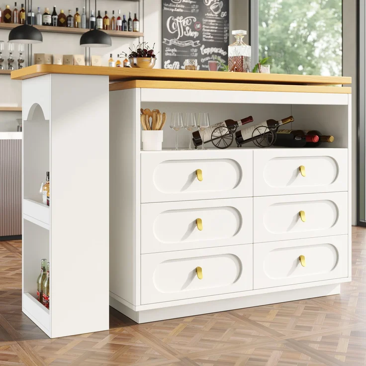 Bartisch ausziehbar mit 360° Drehfunktion, MDF Tischplatte, 6 Schubladen, Stauraumregal,Weiß – Bild 2