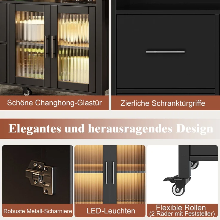 U-life Kücheninsel 139x40x94 cm, Servierwagen mit ausklappbarer Tischplatte, Glasvitrine, LED-Beleuchtung und Rollen, Schwarz – Bild 5