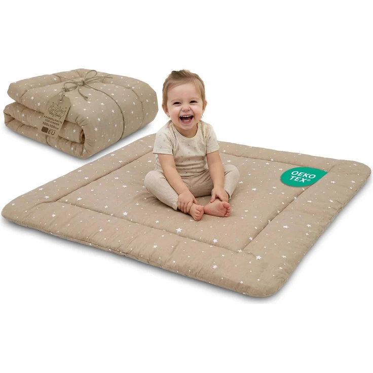 Krabbelmatte Baby 100 x 100 cm gepolstert – Krabbeldecke Spieldecke waschbar bei 30 Grad für Kinderzimmer Laufgitter & unterwegs – Spielmatte Babymatte faltbar Beige mit Weiß Sternen