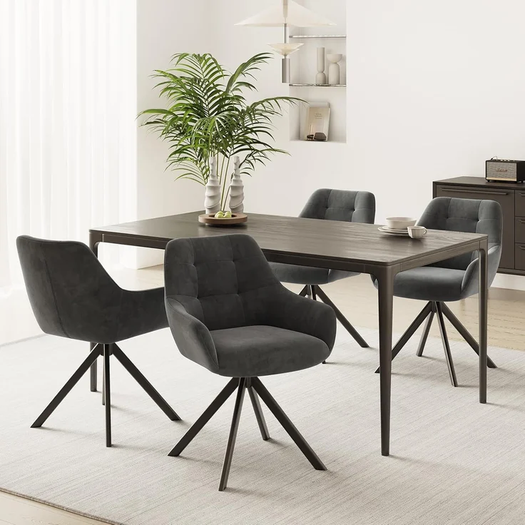 COLAMY Drehbare Esszimmerstühle 4er Set, Esszimmerstühle Drehbar mit Armlehne, Armlehnstuhl Drehbar mit Rückenlehne für Esszimmer, Stühle aus Weichem Florstoff mit Metallgestell für Küche, Grau – Bild 2