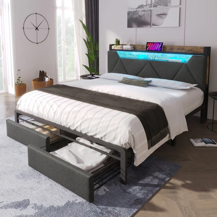 Bettgestell 160x200 cm mit LED-Kopfteil,Stauraum-Kopfteil & 2 Schubladen,Leinen Grau,USB & Typ-C Ladeanschlüsse – Bild 2