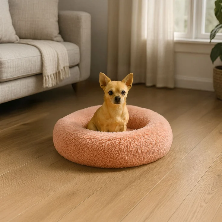 belviona Donut-Hundebett, kuscheliges Plüschbett mit weicher Füllung, sicherem Halt & ergonomischem Rand, 40 cm Durchmesser, altrosa – Bild 1