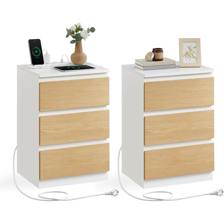 VASAGLE Nachttisch mit Steckdosenleiste, 2er Set, Beistelltisch, 3 Schubladen, 2 AC-Steckdosen, 2 USB-A-Anschlüsse, Wohnzimmer, Schlafzimmer, Arbeitszimmer, modern, wolkenweiß-mandelgelb LET831Y01 – Bild 1