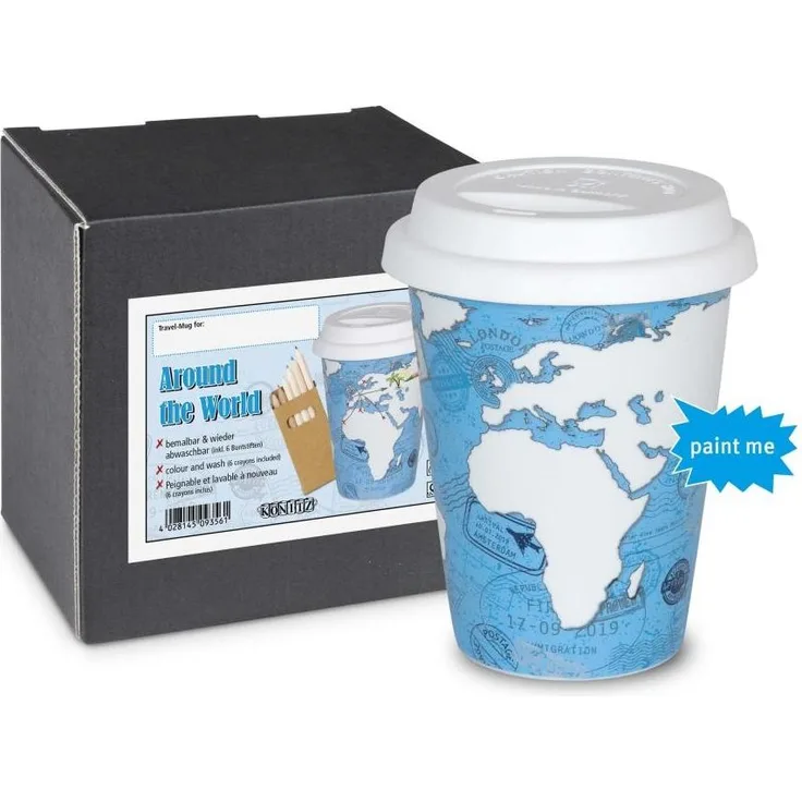 Könitz Around The World Self Made Mug mit Stifte, Becher, Kaffeebecher, Kaffeetasse, Kaffee To Go, Porzellan, Weiß / Hellblau, 380 ml, 11 5 162 2295
