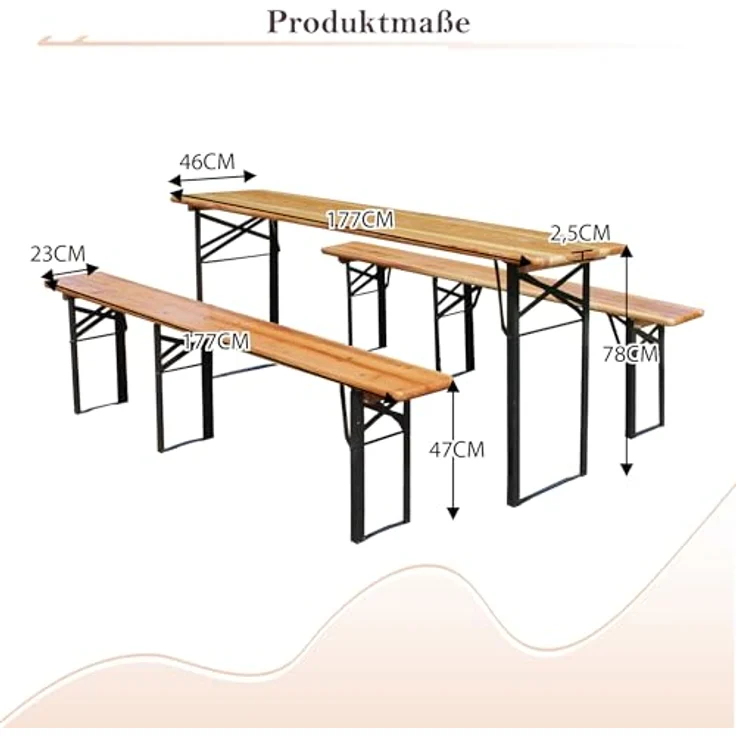 Ball & Cast Bierzeltgarnitur 3-teilig, Biertisch Klapptisch mit 2 Sitzbänken, Camping Tisch faltbar, Wetterfester Kiefer Massiv, Natur, 175 cm – Bild 10