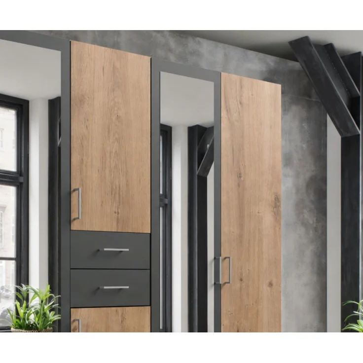 Drehtürenschrank Kleiderschrank 225cm Schubkästen Spiegel Eiche Dekor und Grafit – Bild 5