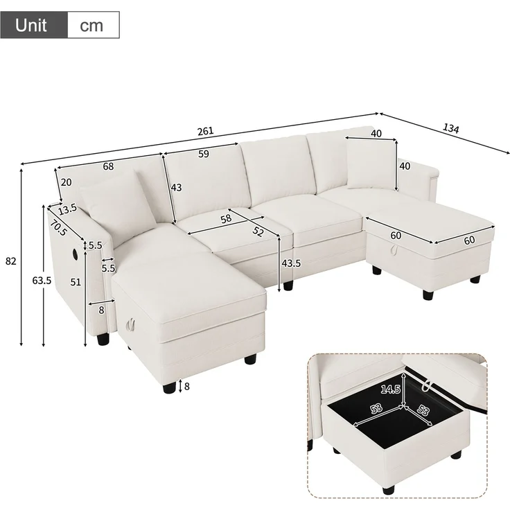 Flieks 4-Sitzer Modulsofa mit 2 Stauraumhockern, USB & USB-C, L- oder U-Form Polstersofa, 261 x 134 x 82 cm, Chenille, Beige – Bild 6