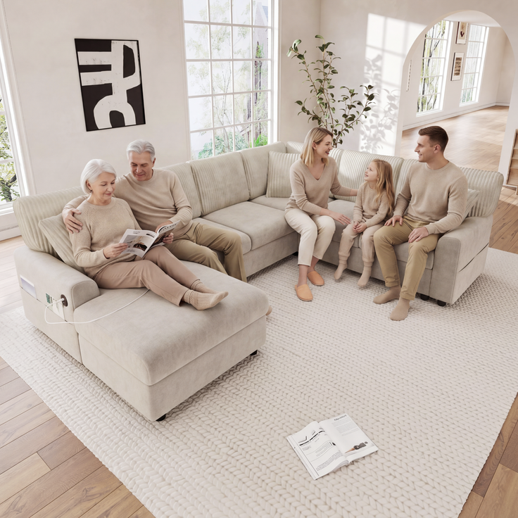 ZUBALIYA Modulare Wohnlandschaft, mit USB-C-Anschluss, H 83 × T 196 × B 249 cm, Beige, Chenille / Cord
