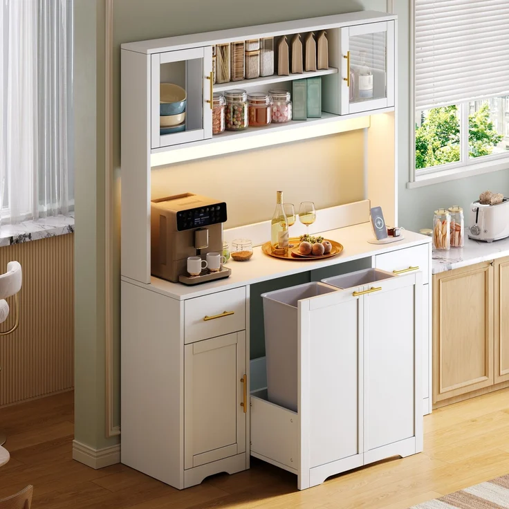 Küchenschrank, hoher Stauraumschrank mit Arbeitsplatte und Schubladen, Doppel-Mülleimerschrank mit ausziehbaren Abfalleimern, Vitrine für Wohnzimmer und Esszimmer, 173 × 140× 40 cm, Weiß--Weiß--140x40x173cm--YOUDENOVA – Bild 3